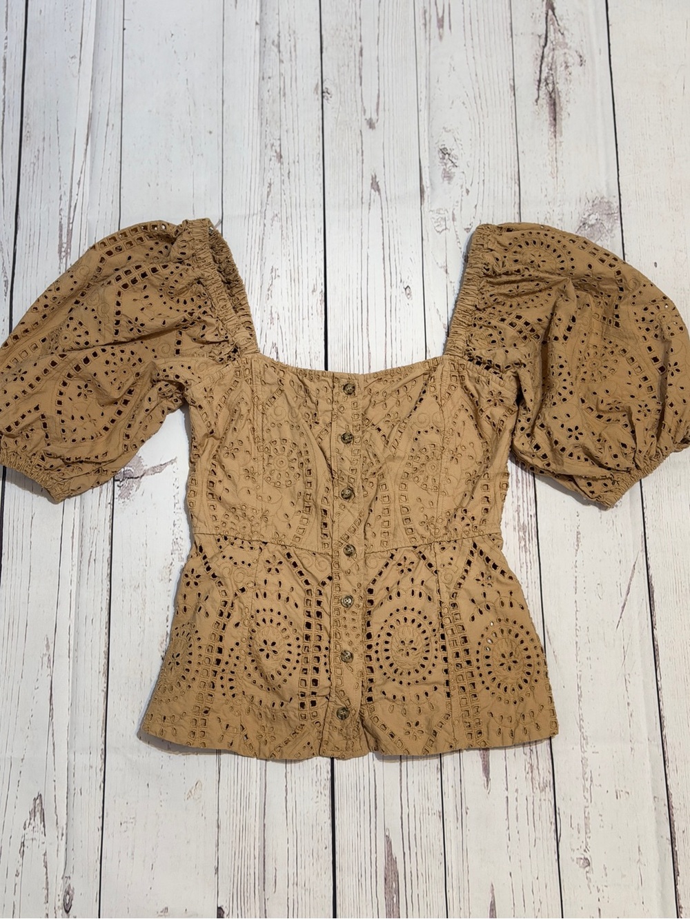 Ganni Tan Broderie Anglaise Puff Sleeve Button Front Top